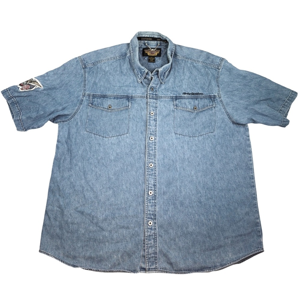 VINTAGE Harley Davidson Mens XXL Denim Short Sleeve Button Up Shirt Eagle Patch